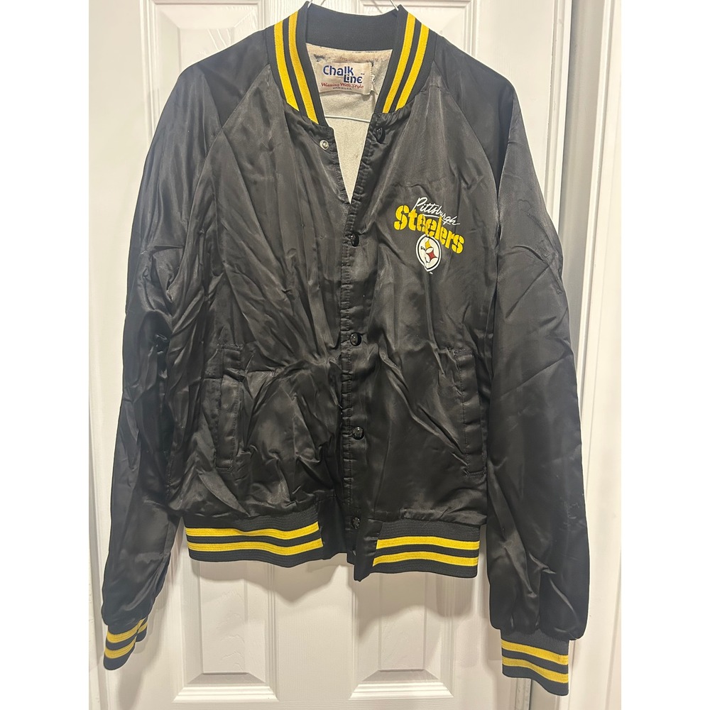Vintage Chalk Line Pittsburgh Steelers Satin Bomber Jacket Black Mens Medium USA